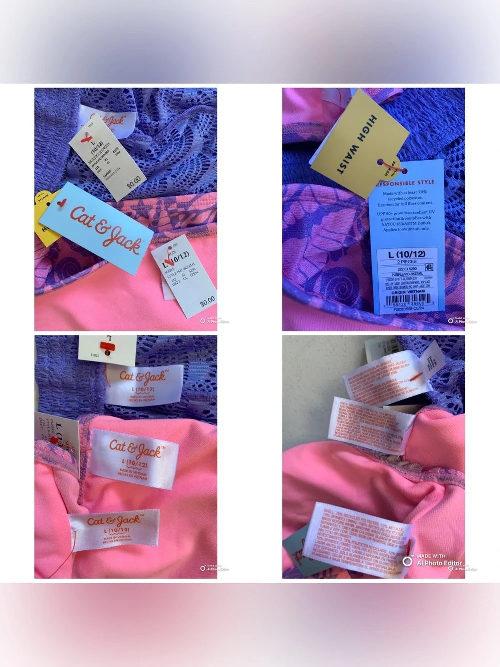 Cat & Jack Girl’s Large Pink & Purple Bikini Set + Coverup Shorts NWT Beach